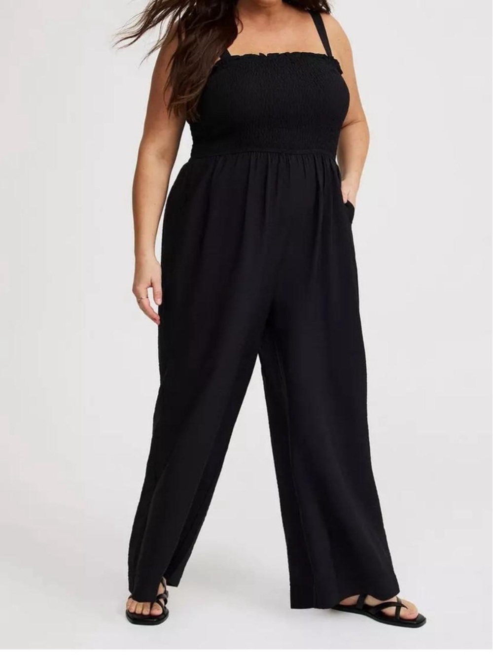 Candie's Black Smocked-Strap Wide Leg Jumpsuit